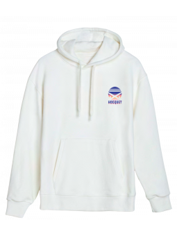 Sweat à capuche crème HOCQUET en coton biologique avec petit logo sunset hockey sur la poitrine.