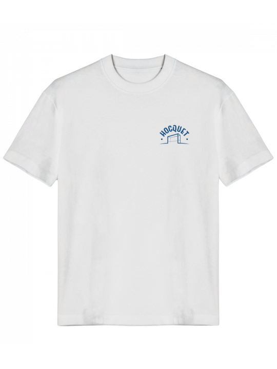 T-shirt blanc en coton bio « Goal » avec illustration de but de hockey sur gazon – modèle Hocquet coupe classique