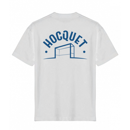 Cremefarbenes HOCQUET-T-Shirt mit großem Hockeytor-Motiv auf dem Rücken.