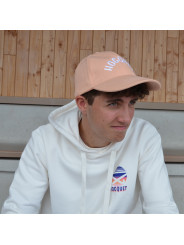 Cream organic cotton hoodie by HOCQUET with small sunset hockey logo on the chest.
