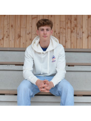 Cream organic cotton hoodie by HOCQUET with small sunset hockey logo on the chest.