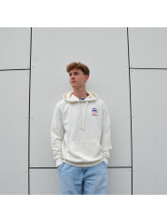 Cream organic cotton hoodie by HOCQUET with small sunset hockey logo on the chest.