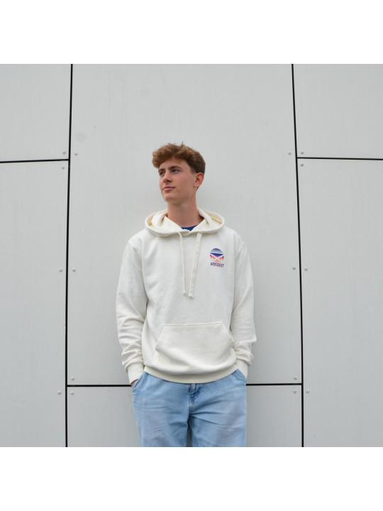 Crèmekleurige hoodie van biologisch katoen van HOCQUET met klein sunset hockey-logo op de borst. Crèmekleurige hoodie van biologisch katoen van HOCQUET met klein sunset hockey-logo op de borst.